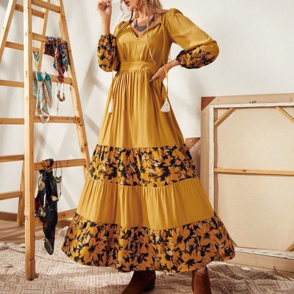 . Dresses & Skirts - Yellow Boho Womens Floral Print Tassel Tie Neck Lantern Sleeve Ruffle Hem Dress